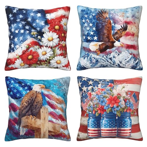 4th of July Flower Throw Pillow Covers 18 X 18 Inch Set of 4 Decorative Cushion Cover Home Decor for Sofa Chair Couch Bedroom Living Room - color: 4th of July Flower