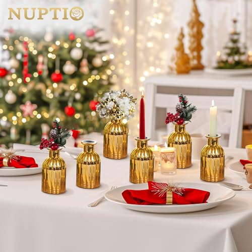 NUPTIO Gold Glass Bud Vases, Mini Vintage Bottle, 5.51" Tall, 12 Pcs - size: Style 1