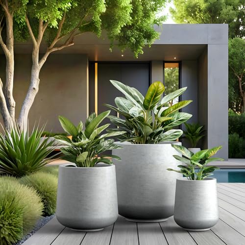 Kante Round Concrete Planter Set of 3-9.4"/13"/16.5" Dia Barrel-Style Garden Pots with Drainage Hole for Flowers and Trees (7.1"/10.2"/13.8" Opening), Gray - color: Gray, size: 16.5"+13"+9.4" D