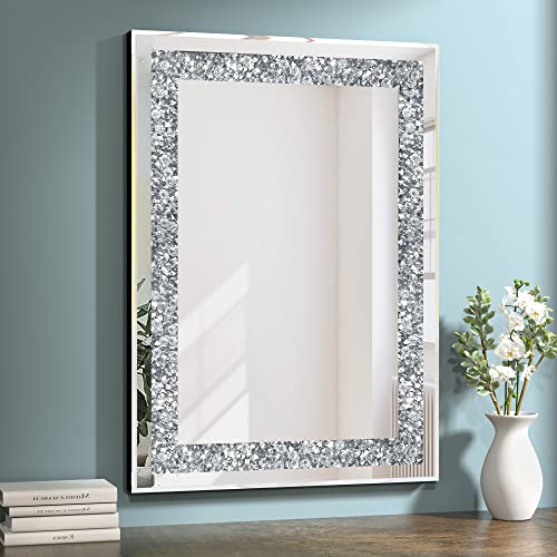 28 x20 Crystal Decorative Silver Mirror, Diamond Wall Mirror for Bathroom - color: Silver1, size: 28"L x 20"W
