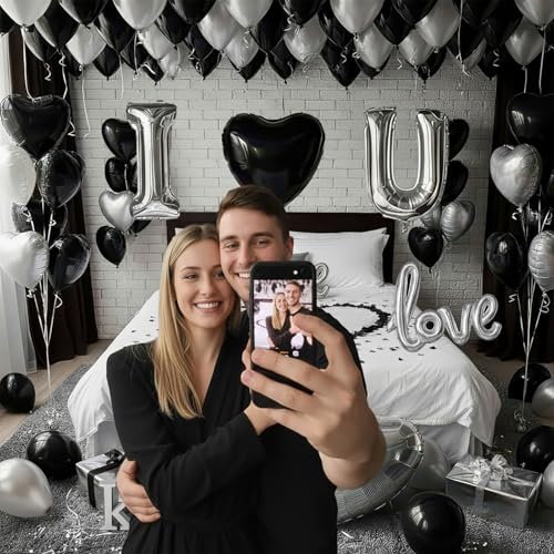 I Love You Balloons for Him/Her Balloons Black and silver romantic balloon kit with heart LOVE mylar balloons Black rose petals for hotel Dec orations Valentines Party wedding anniversary supplies - color: Black and Silver
