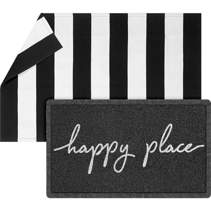 Geelin 2 Pcs Layered Happy Place Doormat, Black and White Striped Rug Set - style: Stripe Happy Place