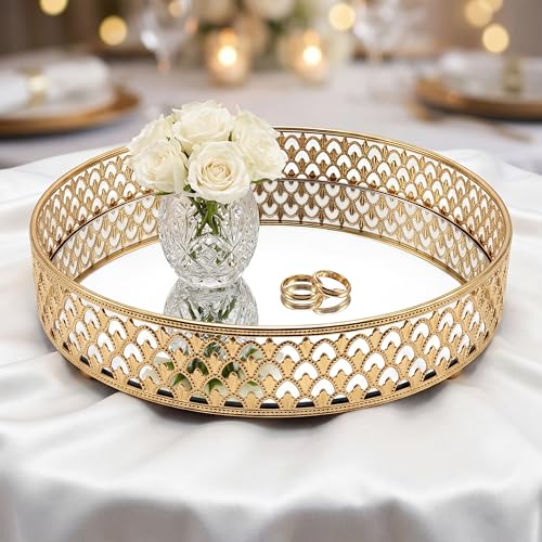 10 Inch Glass and Gold Round Tray Set of 2，Dinner Plate Perfume and Vanity Tray Decorative Mirrored Vanity Tray with Gold Metal Cutout Design, Jewelry (10 Inch Round Set of 2)