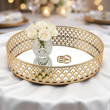10 Inch Glass and Gold Round Tray Set of 2，Dinner Plate Perfume and Vanity Tray Decorative Mirrored Vanity Tray with Gold Metal Cutout Design, Jewelry (10 Inch Round Set of 2)