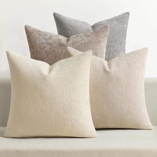 MIULEE Decorative Chenille Pillow Covers Neutral Beige 18x18 Pack of 4 - color: Neutral Beige/Brown, size: 18" x 18" (Pack of 4)