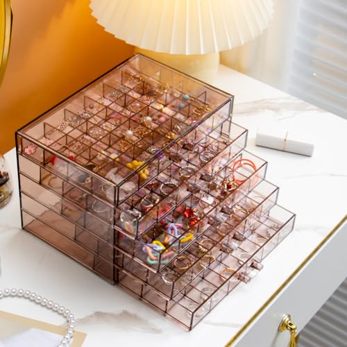 YUFONG Earring Storage Box Organizer 5 Drawers with 120 Small Compartments - color: Clear Purple Brown