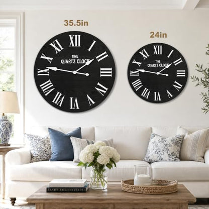 ARTPOWER 35.5" Extra Large Farmhouse Wall Clock,Solid Wood Veneer,Black - color: Black, size: 35.5"W x 35.5"H