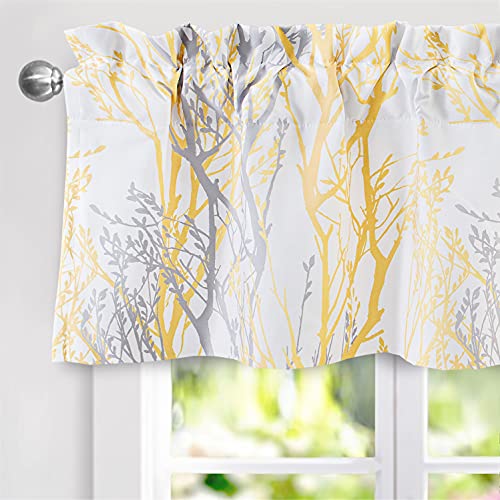DriftAway Tree Branch Lined Valance Double Layer Blackout Thermal Insulated Abstract Ink Printing Window Curtain Valance Rod Pocket 52 Inch by 14 Inch Plus 2 Inch Header Yellow 1 Pack - color: Yellow, size: 52"W x 14"L (Pack of 1)