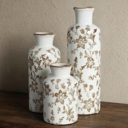 Brown Ceramic Vase Set of 3, Vintage Brown Floral Vases for Home Decor - color: Brown