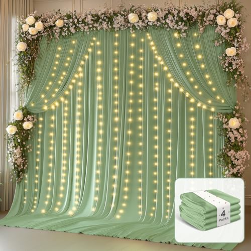 20 x 10ft Sage Green Backdrop Curtains with Lights String - color: Sage Green, size: W5' x H10'(4 panels)