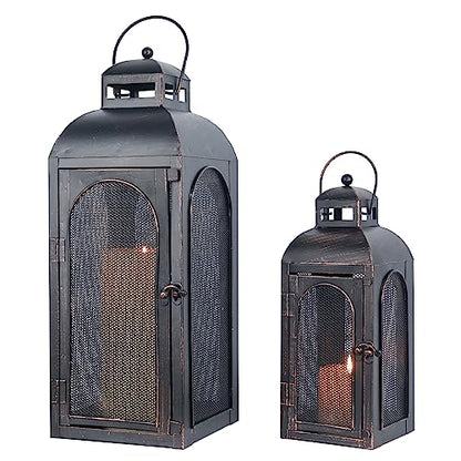 럭셔리 랜턴 장식 야외 및 실내, 2개 세트 (48.3cm(19인치) 및 33cm(13인치)) 금속 캔들 랜턴 장식, 빈티지 벽걸이 캔들 홀더, 현관 파티오 웨딩 농가 가정, 크리스마스 장식용 - color: 블랙 브러시 포함 / 48.3cm(19인치)+33cm(1