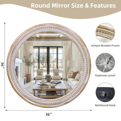 36 Inch Large Round Wood Mirror, Rustic Farmhouse Circle Mirrors for Wall - color: C - 36 in