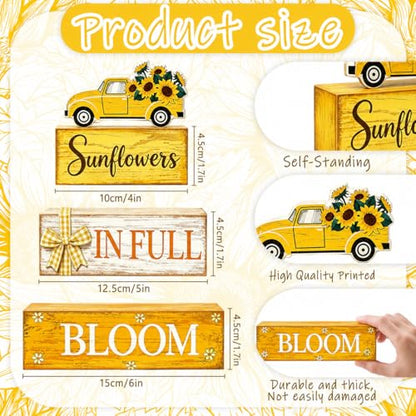 4 Pcs Summer Sunflower Table Decor, Wooden Sunflower Tiered Tray Decor with Truck, Rustic Farmhouse Yellow Block Tabletop Centerpiece for Home Kitchen Office Coffee Bar Fireplace Mantel Floating Shelf - style: Car