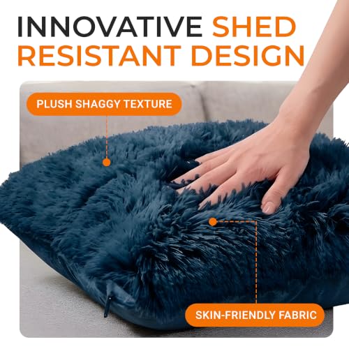 Cheer Collection Throw Pillows for Couch and Bed, Soft Shaggy Throw Pillows with Inserts Included, Cozy Long Hair Faux Fur Pillows - Set of 2-18" x 18" - Navy Blue - color: Navy Blue, size: 18 x 18-Inch