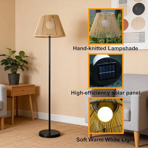 Solar Outdoor Floor Lamp with Rattan Shade, Adjustable Height