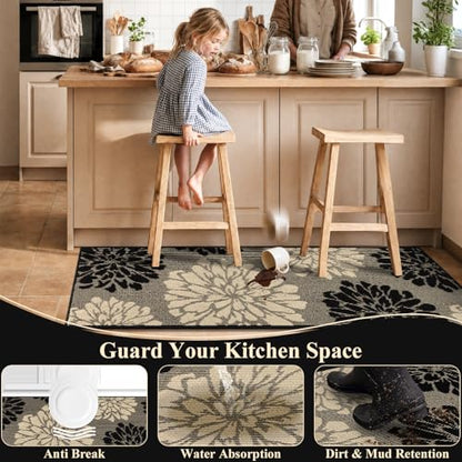 Findosom Kitchen Rugs Sets of 2, Floral Washable Kitchen Runner Rug, Black - color: Black/Beige, size: 24" x 36" + 24" x 71"
