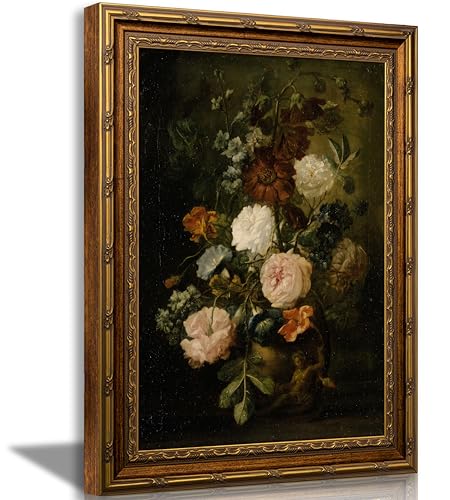 VZKRHPGA Vintage Gold Framed Flowers Wall Art,Dark Flower Painting Prints - color: Black Flowers in a Bottle, size: 11"L x 9"W