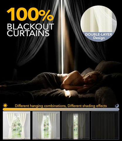 100% Blackout Curtains with Sheer Overlay, Beige, 52 x 96 inch, 2 Panels - color: Beige, size: 52"W x 96"L (Pack of 2)