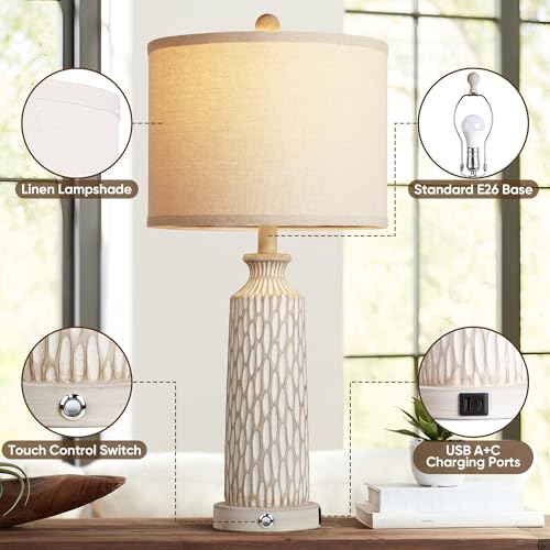 QiMH 26" Lamps for Bedroom, Farmhouse Table Lamp Set of 2, Off-White - color: Beige white