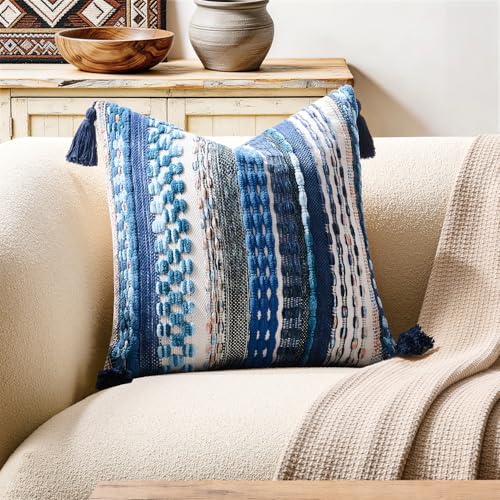 Kevin Textile Boho Tufted 18x18 Inch Pillow Cover 1 Pack, Blue - color: Blue, size: 18" x 18" (Pack of 1)