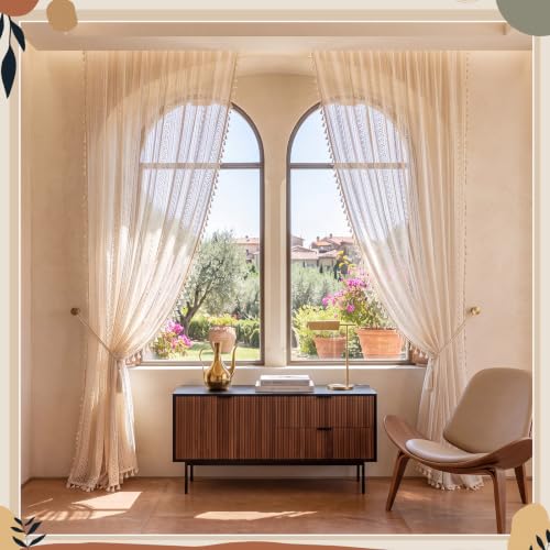 2 Panels Light Beige Boho Sheer Curtains 59" W x 84" L