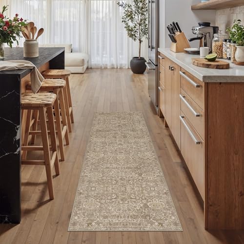 HUGEAR 2x6 Light Brown Vintage Floral Washable Runner Rug for Hallway - color: Light Brown, size: 2' x 6' (Runner)