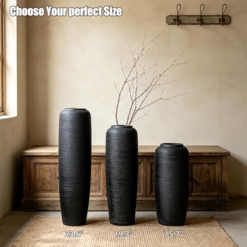 Black Rustic Ceramic Floor Vase, 15.7 Inch, Ribbed Texture - size: 15.7 Inch