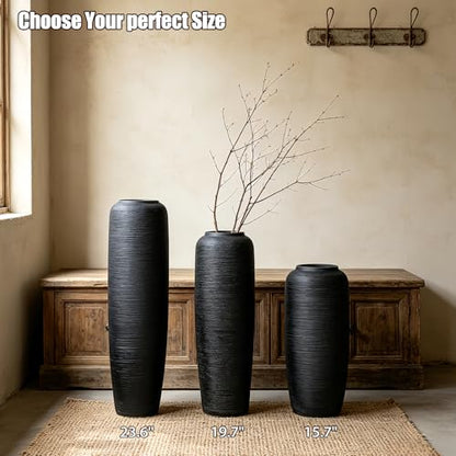 Black Rustic Ceramic Floor Vase, 24 Inch, Ribbed Texture - size: 23.6 Inch