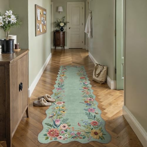 2x8 Floral Green Scalloped Runner Rug - color: Scalloped | Green, size: 2' x 8' (Runner)