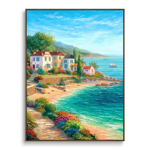 Framed Coastal Wall Art Mediterranean Seaside Village Canvas House Decor - color: Mediterranean scenery, size: 16"L x 12"W