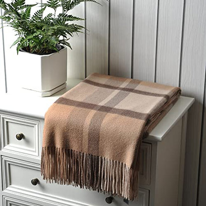 EP Mode 100% Pure Cashmere Throw Blanket for Sofa, Camel Tartan - color: Camel Tartan