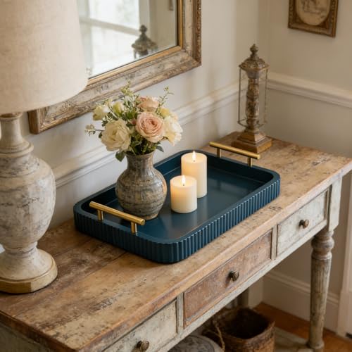 Rectangle Modern Wood Serving Tray with Metal Handles, High Gloss Teal Finish, 16x12 Inch Coffee Table Ottoman Tray for Storage and Display (Teal) - color: Teal