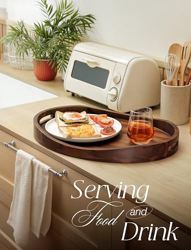 TIDITA Acacia Oval Wooden Serving Tray with Handle, 20"x15", Walnut Color - color: Walnut, size: 20" x 15" x 2.2"