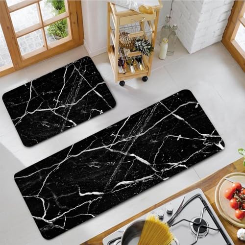 Mrcrypos Black Marble Kitchen Mat for Floor Anti Fatigue Kitchen Mat Set Non-Skid Waterproof PVC Leather (2 Pcs) for House Sink Office Kitchen Runner Mat 17.3" W X 29" L + 17.3" W X 47" L - size: 17.3"W x 29"L x 0.4"Th + 17.3"W x 47"L x 0.4"Th