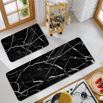 Mrcrypos Black Marble Kitchen Mat for Floor Anti Fatigue Kitchen Mat Set Non-Skid Waterproof PVC Leather (2 Pcs) for House Sink Office Kitchen Runner Mat 17.3" W X 29" L + 17.3" W X 47" L - size: 17.3"W x 29"L x 0.4"Th + 17.3"W x 47"L x 0.4"Th