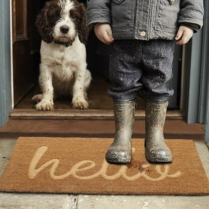 Coir Doormat - 17x30 inch Deep Groove Dirt Trapping Hello Design - color: Hello - Impression, size: 1'5" x 2'6" (Rectangular)
