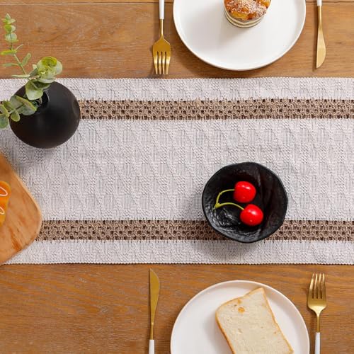 120 inch Table Runner Khaki Double Striped Boho Fall Decor - color: Khaki Double Stripes