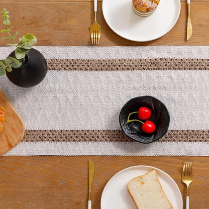 120 inch Table Runner Khaki Double Striped Boho Fall Decor - color: Khaki Double Stripes