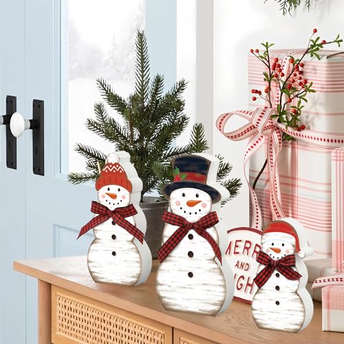 3 Pcs Christmas Snowman Wooden Table Decorations Winter Snowman Tabletop Centerpiece Wood Block Sign Rustic Farmhouse Xmas Tiered Tray Decor for Christmas Winter Holiday Home Office Shelf Party Decor