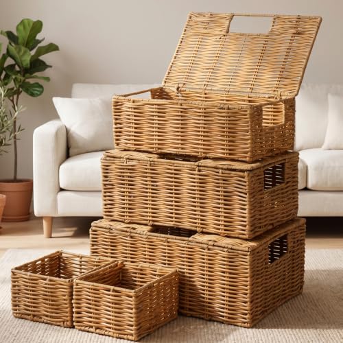 Yookeer 5 Pcs Woven Storage Basket Wicker Bin Plastic Rattan Natural - color: Natural Color