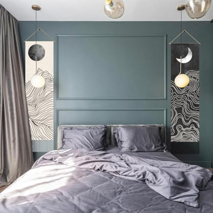 AHANDMAKER 2Pcs Boho Line Sun and Moon Tapestry, Black and White Sun Moon Long Vertical Tapestry Wall Hanging, Minimalist Abstract Tassel Wall Aesthetic Tapestry for Bedroom Living Room, 45.7x13Inch - color: Sun and Moon