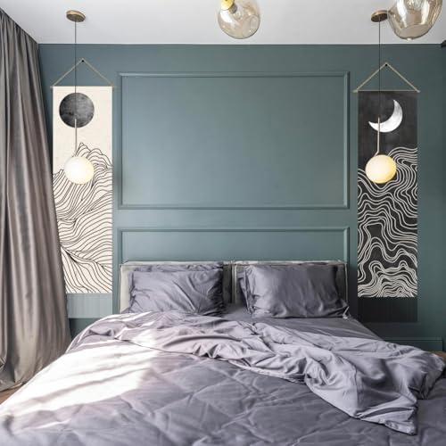 AHANDMAKER 2Pcs Boho Line Sun and Moon Tapestry, Black and White Sun Moon Long Vertical Tapestry Wall Hanging, Minimalist Abstract Tassel Wall Aesthetic Tapestry for Bedroom Living Room, 45.7x13Inch - color: Sun and Moon