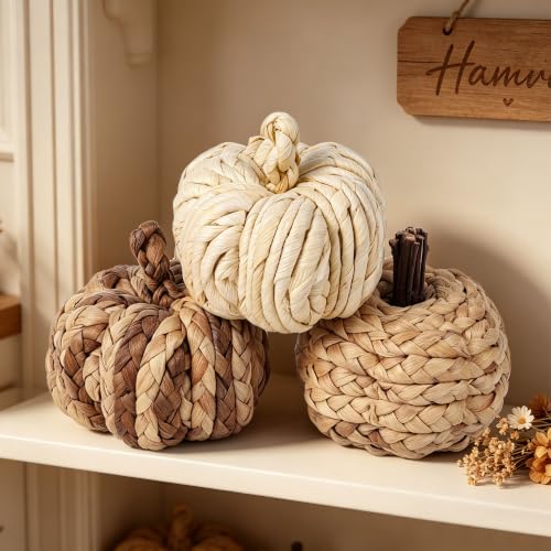 Lulu Home Set of 3 Handwoven Pumpkins Decor - color: Cream & Brown Blend
