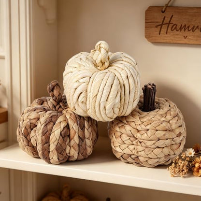 Lulu Home Set of 3 Handwoven Pumpkins Decor - color: Cream & Brown Blend