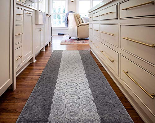 Custom Size Modern Runner Rug Carpet for Hallway Entryway Foyer Kitchen, Slip Resistant Latex Rubber Backed 31 inch Wide x 7 feet Long, Scroll Grey - color: Scroll / Grey, size: 31 inch Width X 7 Feet Length