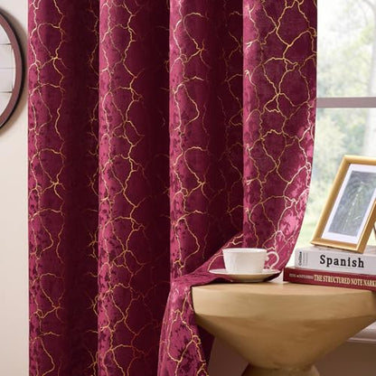 Burgundy and Gold Curtains 63 Inch Length 2 Panels Geometry Garnet Curtains Room Darkening Drapes Grommet Romantic Gold Foil Metallic Marble Textured Jacquard Window Treatment for Bedroom, 52x63 - color: Burgundy, size: 52"W x 63"L (Pack of 2)