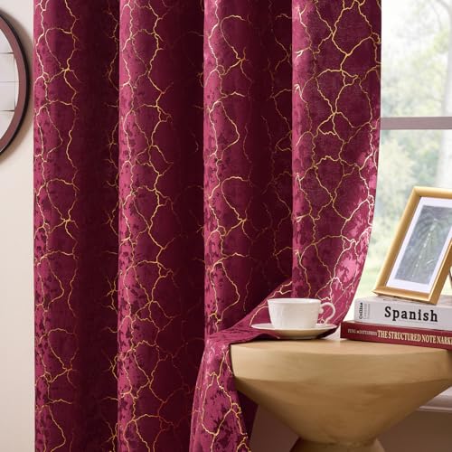 Burgundy Geometric Curtains 72 Inches Long 2 Panels Golden Foil Wine Curtains Room Darkening Drapes Grommet Sparkle Metallic Marble Textured Jacquard Window Treatment for Bedroom Office, 52x72 - color: Burgundy, size: 52"W x 72"L (Pack of 2)