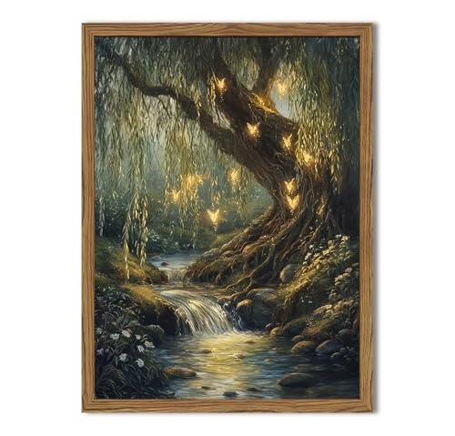 Vintage Forest Fairy Wall Art Whimsical Cottagecore Tree Fairy Wall Decor Painting Magical Landscape 3D Texture Hand Drawn Sandstone Artwork for Bedroom Living Room 12x16 inch Wood Framed - color: Tree, size: 16"L x 12"W