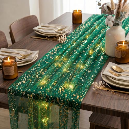 Artscope Lighted Green Gauze Table Runner,Glitter and Foil Table Decor for Weddings Anniversary Birthday and Holiday Party Decorations – 28" x 120" - color: Green