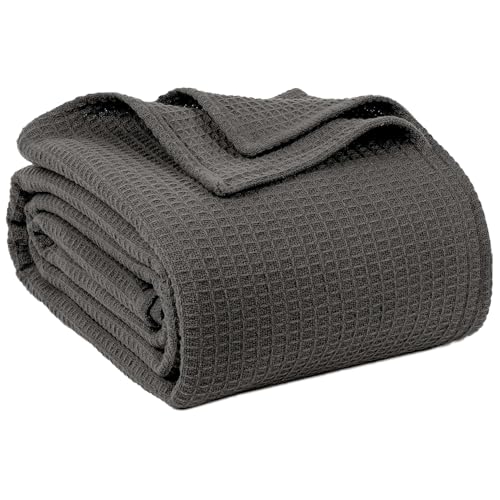100% Cotton Blankets for Bed - Waffle Weave Blankets for Summer, Lightweight and Breathable Soft Woven Blanket for Spring (Dark Grey, Queen (90" x 90")) - color: Dark Grey, size: Queen (90" x 90")